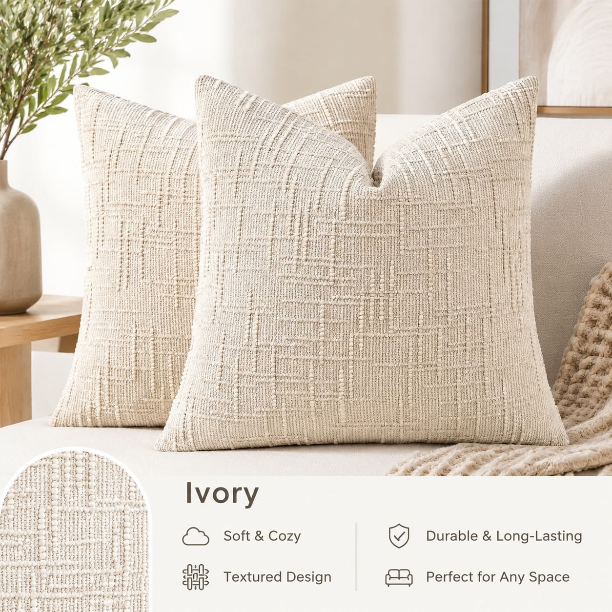 Textured Chenille Throw Pillow Covers 24x24 Inches Set of 2 Ivory