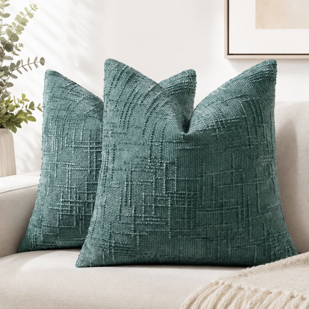 Textured Chenille Throw Pillow Covers 24x24 Inches, Set of 2, Teal