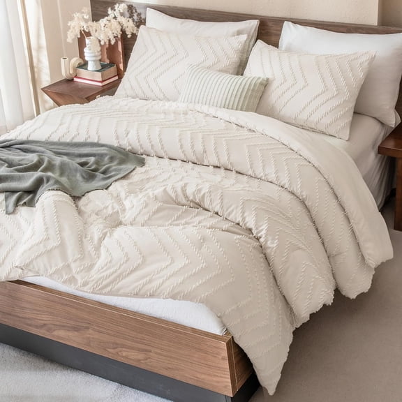 Textured Chevron Comforter Set Queen Size Warm Beige 3 Pieces Cute Bohemian