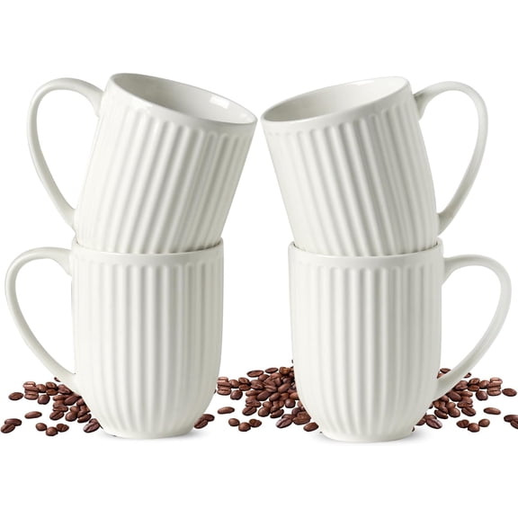 Textured Coffee Mugs Set of 4, 16 Oz Ribbed Ceramic Cups with Large Handle for Latte Tea Cappuccino, Stackable Embossed Mug Set for Mom Dad, Microwave Dishwasher Safe, Creamy White