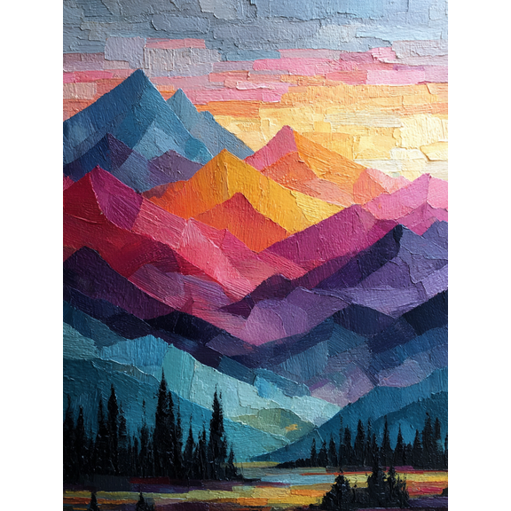 Textured Colorful Boho Mountain Abstract Oil Canvas Print, Vibrant Nature Modern Home Wall Decor Art