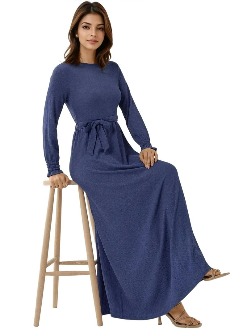 blue textured maxi dress Tavila Blue Textured Maxi Dress with Gathered Bust main image 1