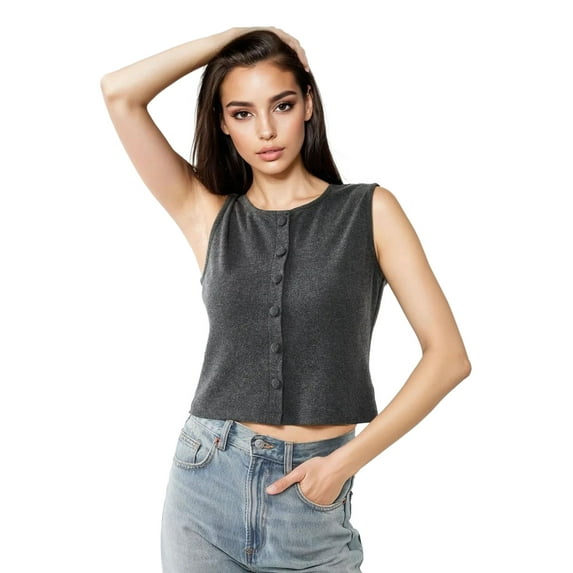 Textured Crew Neck Sleeveless Waistcoat with Button Detail
