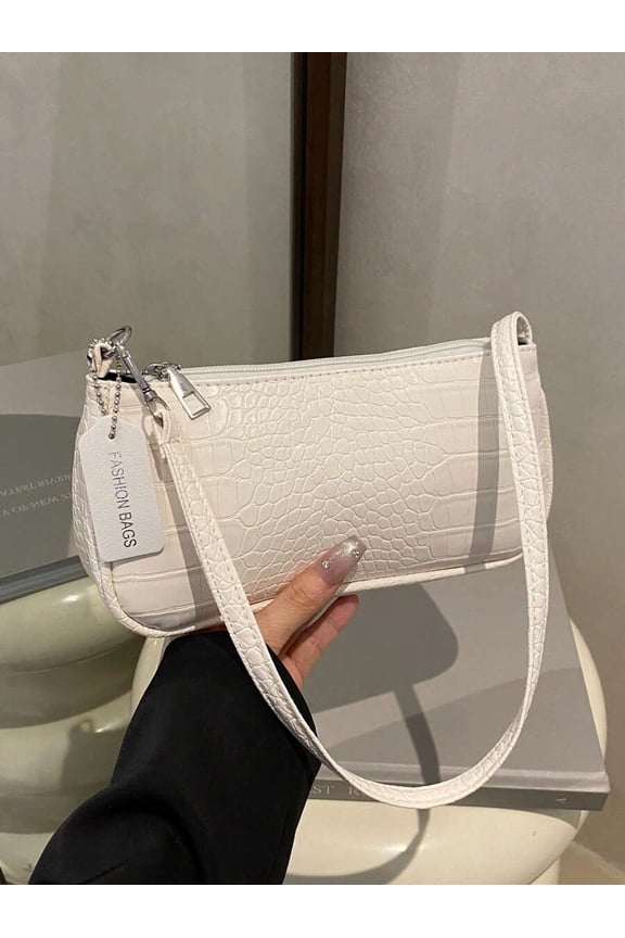 Textured Croc-Embossed White-2 Shoulder Bag With Adjustable Strap