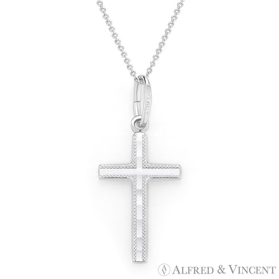 Textured Cross Pendant & Chain Necklace in .925 Sterling Silver w/ Rhodium