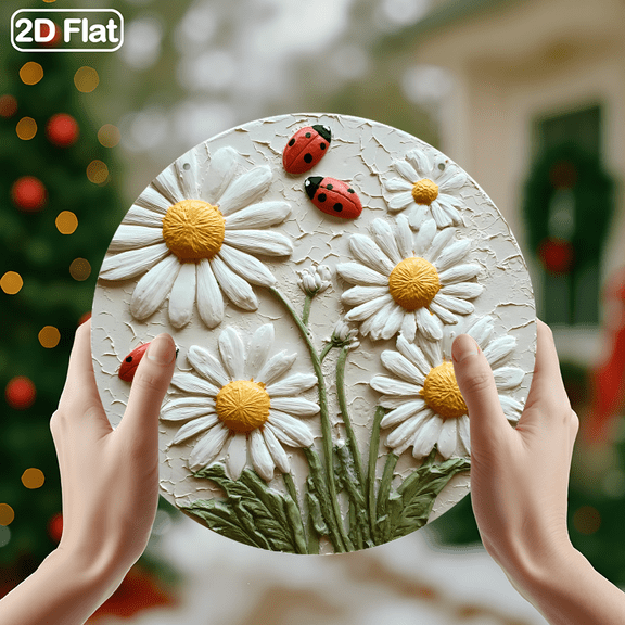 Textured Daisy & Ladybug Rustic Farmhouse Decor Sign, 1pc, 8" Round Aluminum Wall Art Metal Signs, Wall Decor For Kitchen, Door, Office, Bedroom Decor, Best Gift For Room, Home Decor, 2D Flat