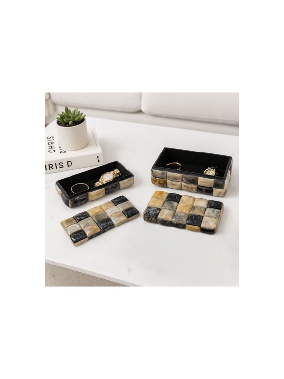 Textured Decorative Box for Home Decor - Contemporary Storage for Jewelry, and Keepsake Organizer - Set of 2, 6", 4", Black & Brown