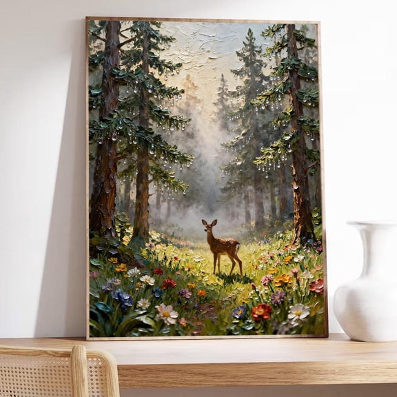 Textured Deer In Forest Rustic Woodland Art Home Decor, 12x18 UNFRAMED