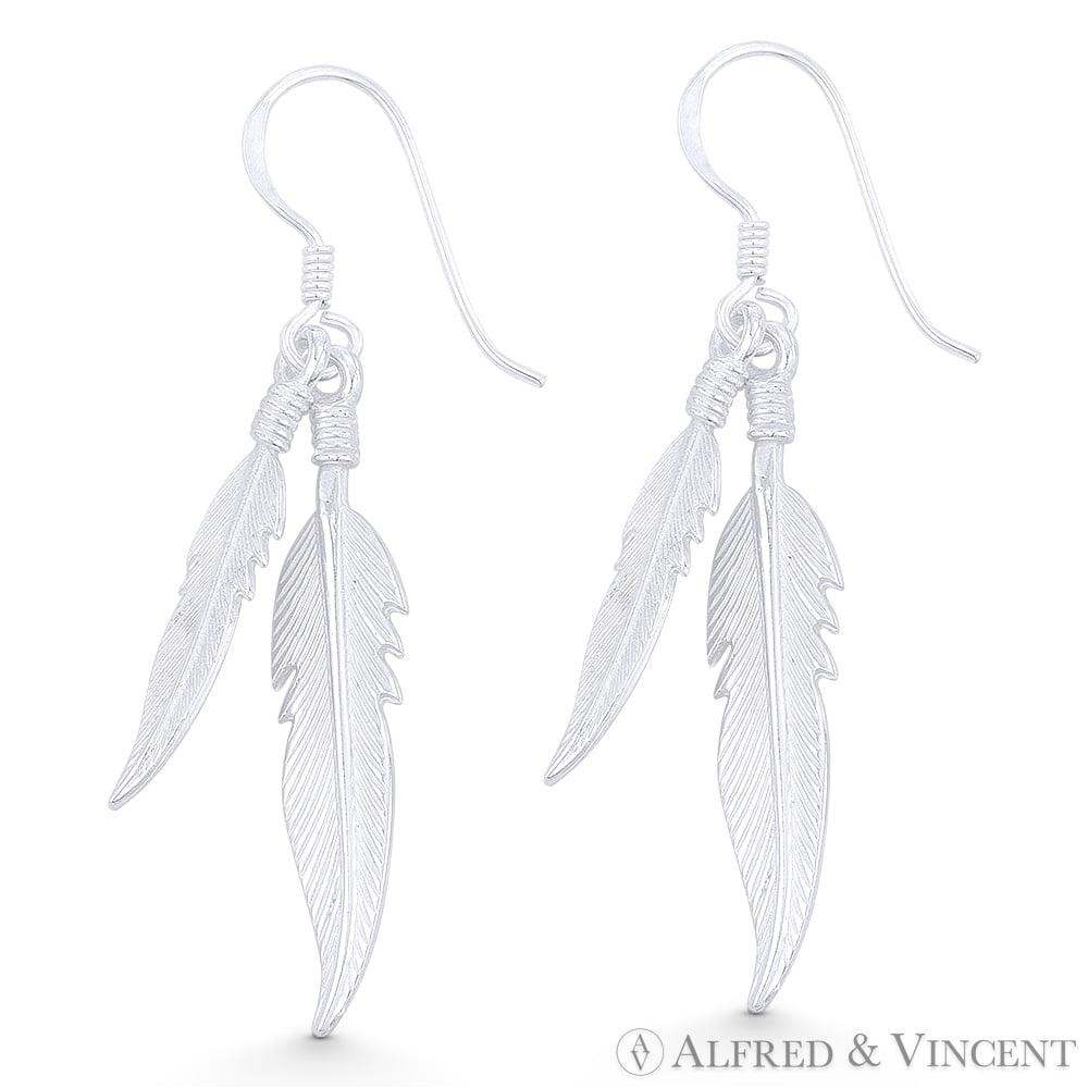 Textured Double-Feather Charm Dangling Hook Earrings in .925 Sterling Silver