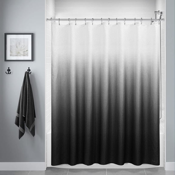 Textured Fabric Bath Shower Curtain, Polyester Ombre Shower Curtains for Bathroom, Waterproof Shower Curtain Liner with 12 Hooks,Machine Washable (72 x 84 inch, Black)