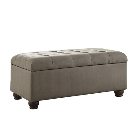 Textured Fabric Upholstered Button Tufted Storage Bench With Wooden Bun Feet Gray and Brown - Saltoro Sherpi