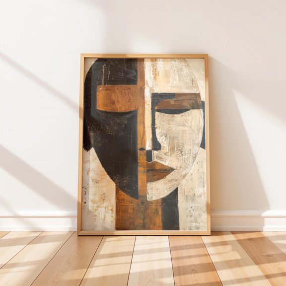 Textured Face Primitive Portrait Earthy Neutral Decor Wall Art Poster , Poster Print Only