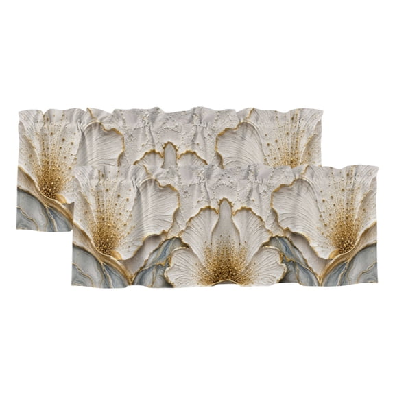 Textured Floral 2 Panels Kitchen Valance, Vintage Plaster Relief Gold Glitter Fluid Wave Curtains Valances for Small Windows Rod Pocket Window Treatments for Living Room Bedroom 42" W x 12" L