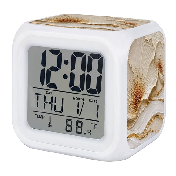 Textured Floral Alarm Clock, Vintage Plaster Relief Fluid Wave Gold Glitter Digital Clock Night Light with 7 Color, Calendar Temperature Display, LED Desk Small Clock for Bedrooms Bedside Living Room