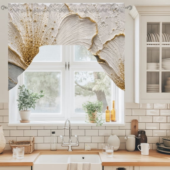 Textured Floral Swag Valance for Windows, Vintage Plaster Relief Gold Glitter Fluid Wave Swag Curtains Valances for Small Window Treatment Rod Pocket for Kitchen Bathroom 1 Panel 56x36in