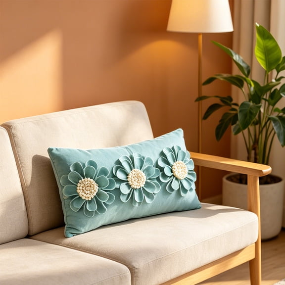 Textured Floral Throw Pillow Cover with Handmade Petal Design in Light Teal Color for Sofa Bedroom Coastal Farmhouse and Summer Home Decoration