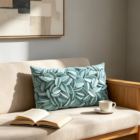 Textured Floral Throw Pillow Handmade Petal Flower Cushion, Light Teal Decor Pillow Sofa Bedroom Coastal Farmhouse Accent, Multiple Styles Soft Plush Decorative Home Accent Cushion Gift Indoor Use(F)