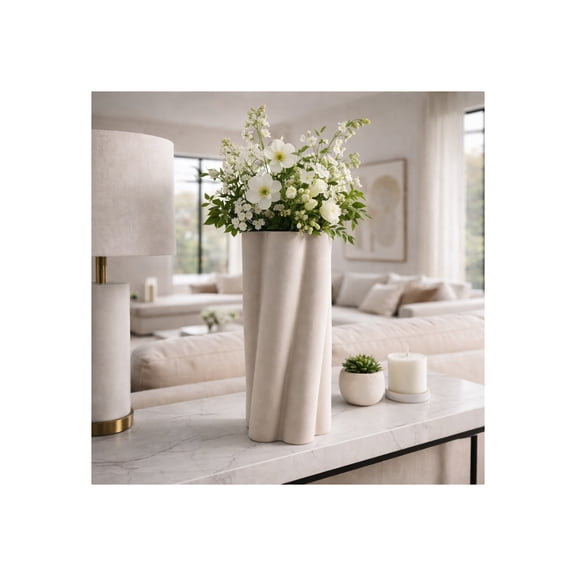 Textured Fluted Vase for Living Room Decor - Modern Stoneware Flower Vase for Home, Bedroom, Kitchen Counter, and Office Table - Sculptural Porcelain for Dining Room and House Accent - 18", Gray