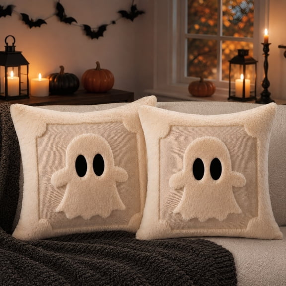 Textured Ghost Halloween Pillow Covers, Beige, 18 x 18 in, Set of 2