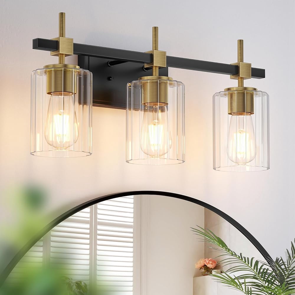 Textured Glass Bathroom Vanity Light 3-Light Brass Wall Light Fixtures over Mirror Black and Gold Vanity Lighting for Bathroom Wall Sconce