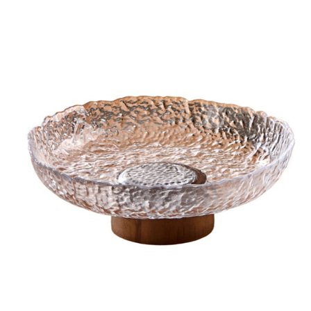 Textured Glass Fruit Bowl with Wooden Base Decorative Serving Dish for Fruits Snacks Tableware