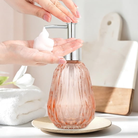 Textured Glass Soap Dispenser, 10 Oz Refillable Liquid Hand Soap Pump Bottle, Decorative Glass Container for Bathroom Vanity Kitchen Sink Shower and Home Decor