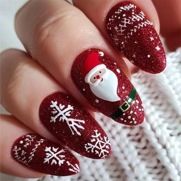 Textured Glittering Short Oval ABS Christmas Santa Snowflake Art 24PCS False Nails For Festive Event