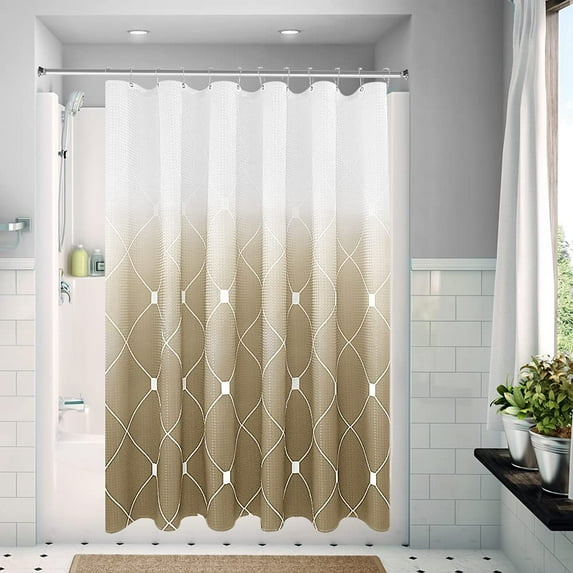 Textured Gold Ombre Shower Curtain for Bathroom 72" x 72",Geometric Pattern Waffle Weave Fabric Shower Curtain Set with Hooks, Checkered Printed Bath Curtain, Machine Washable,Brown Gradient