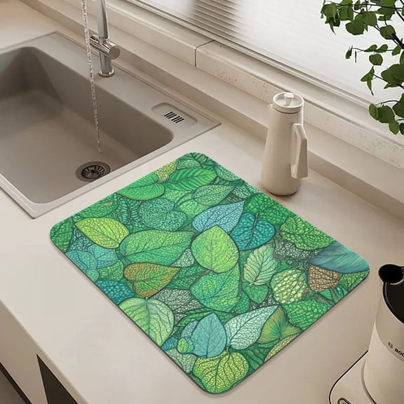Textured Green Leaves Print Dish Drying Mat for Kitchen Counter Absorbent Drainer Mats (15.7X11.8Inch)