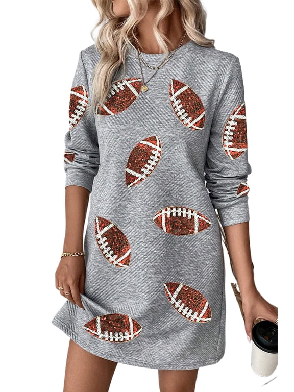 Womens Sequin Football Dress, Casual Long Sleeve Shift