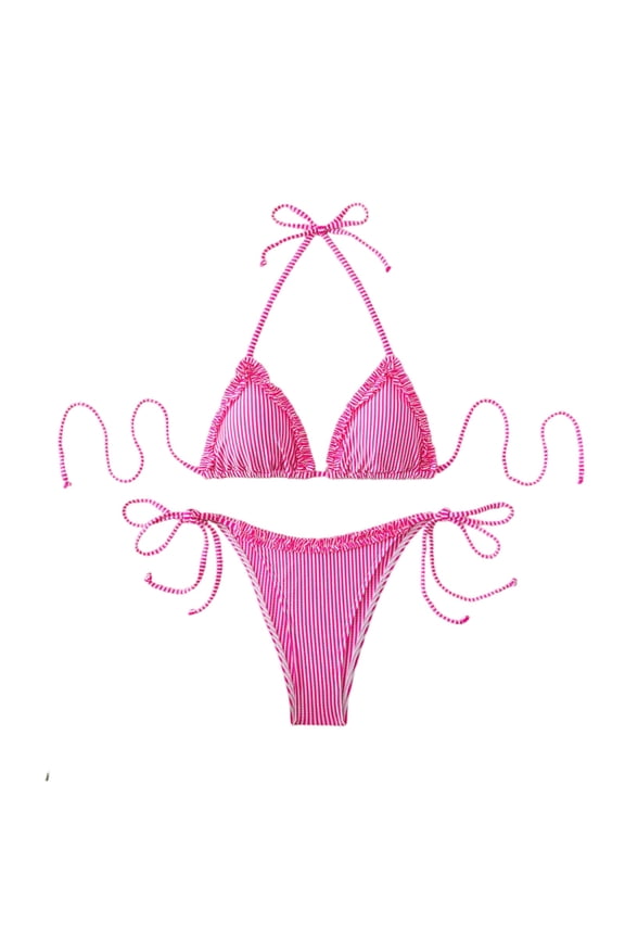 Textured Halter Bikini for Women 2 Piece Triangle Bikini Sets High Cut Bathing Suit Side Tie Swimsuits (Pink,S)