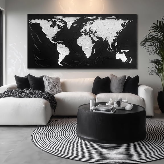 Textured Hand Painted World Map Canvas Wall Art, 3D Raised Texture Black White Global Map Painting Picture, Large 72x36 Inch Abstract Wall Decor for Living Room Bedroom Office