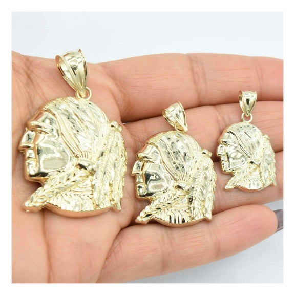 Diamond-Cut Textured Indian Chief Unisex Adult Pendant 10K Yellow Gold, All Sizes – Goldum NYC