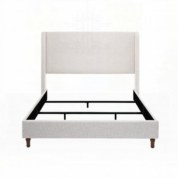 Queen Upholstered Bed, 54" Tall Headboard, Textured Ivory Canvas, No Wooden Slats, Easy to Assemble