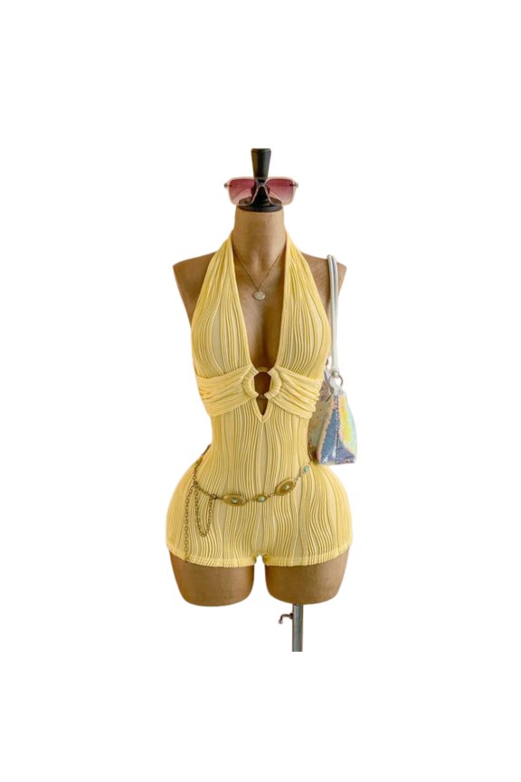 Textured Knit Halter Deep V Neck Backless Jumpsuit Sleeveless Slim Fit One Piece Outfit