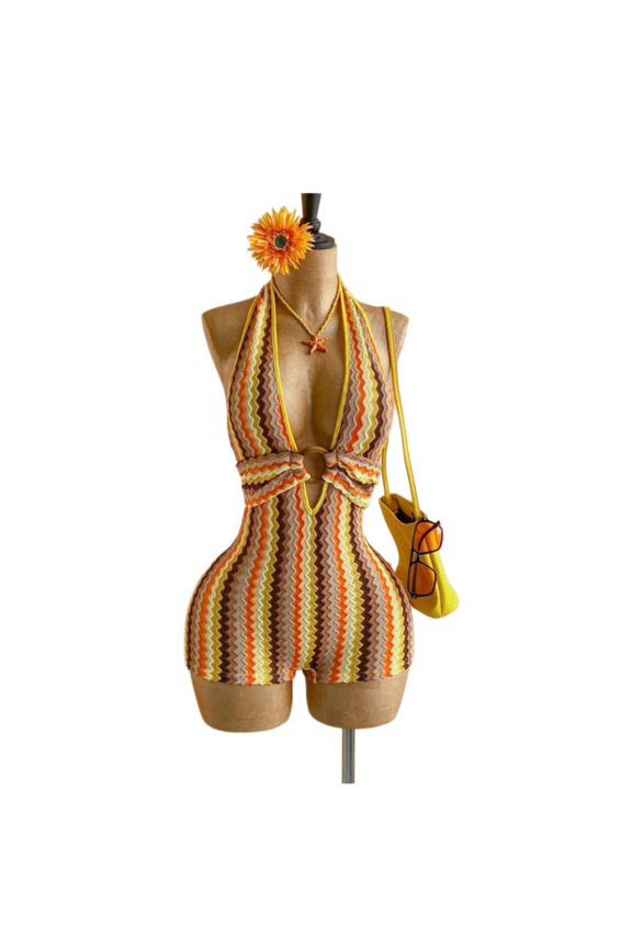 Textured Knit Halter Deep V Neck Backless Jumpsuit Sleeveless Slim Fit One Piece Outfit
