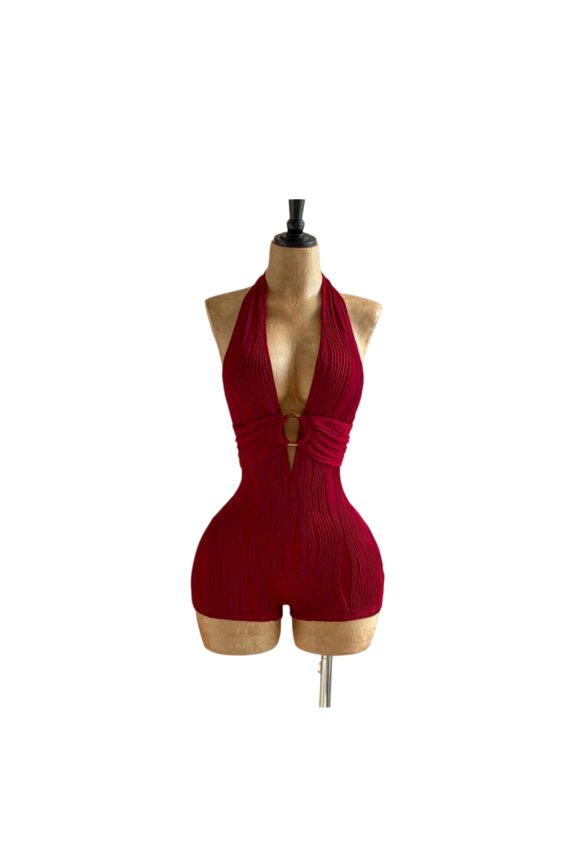 Textured Knit Halter Deep V Neck Backless Jumpsuit Sleeveless Slim Fit One Piece Outfit