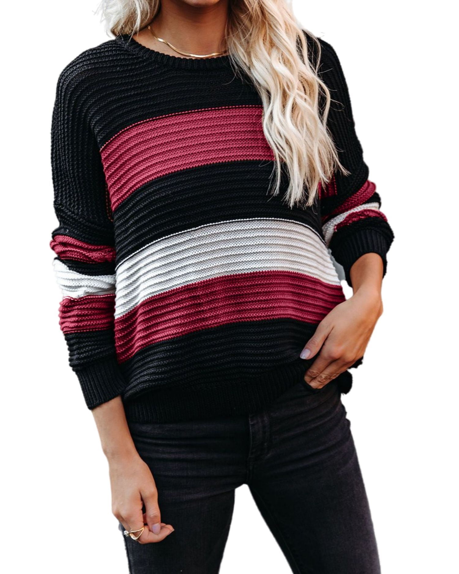 Textured Knit Striped Sweater Burgundy Medium