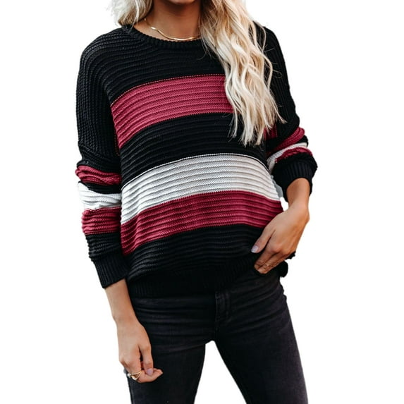 Textured Knit Striped Sweater Burgundy Medium
