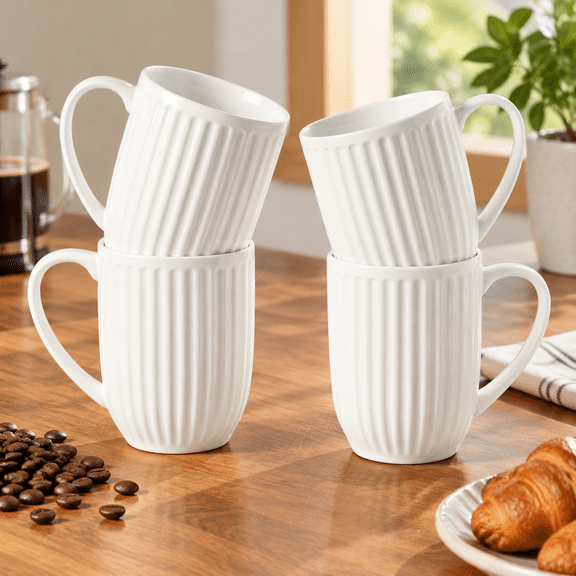 Textured Large Coffee Mugs Set of 4, 16 Oz Ribbed Ceramic Cups with Large Handle for Latte Tea Cappuccino, Stackable Embossed Mug Set, Microwave Dishwasher Safe, Creamy White