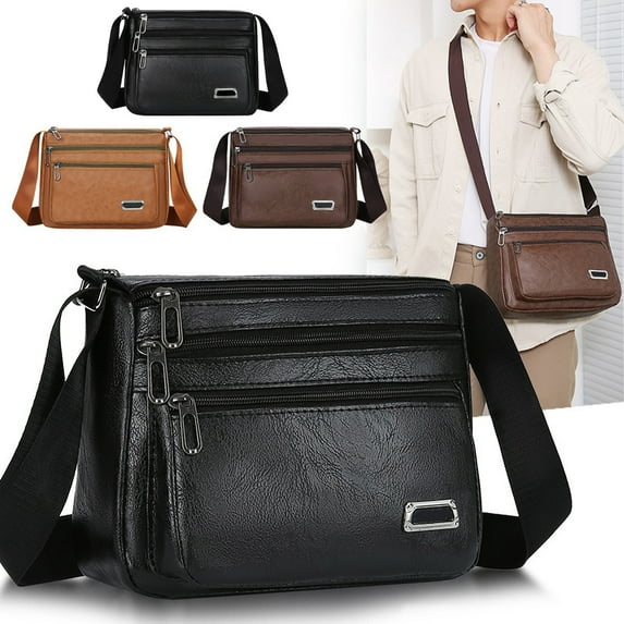 Textured Leather Crossbody Shoulder Bag for Women Men | Adjustable Strap Lightweight Handbag | Multiple Compartments Purse | 24x19x8cm | Black Brown Coffee | Travel Work Daily Use | 1pc