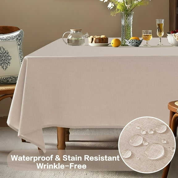 Parojati Textured Linen Tablecloth Rectangle 52×70 inch Waterproof Wrinkle-Free Stain Resistant Table Cloth Wipeable Spill-Proof Linen Dining Table Cover,Khaki