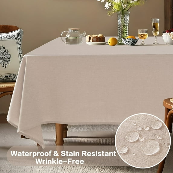 Parojati Textured Linen Tablecloth Rectangle 60×84 inch Waterproof Wrinkle-Free Stain Resistant Table Cloth Wipeable Spill-Proof Linen Dining Table Cover,Khaki