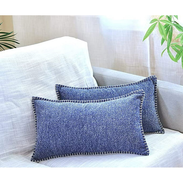 Textured Lumbar Pillow Covers 12 x 20 inches Navy Blue Set of 2 |Decorative  Stitched Edge Chenille Cushion Covers | Modern Accent Small Pillow Cases