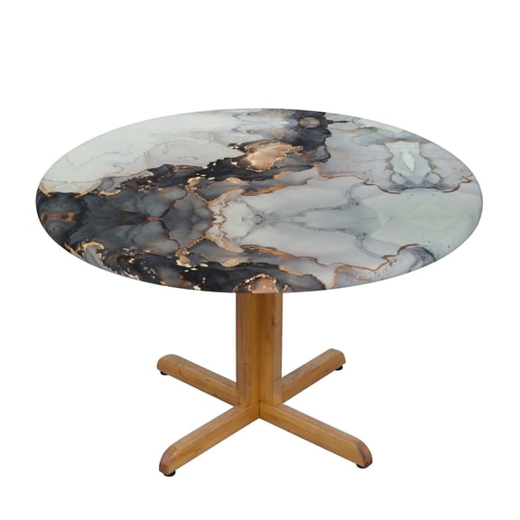 Ink Marble Textured Round Fitted Tablecloth with Elastic Edged,Black and Gold Print Indoor Outdoor Circle Table Cover 40-44 Inch, Washable for Kitchen Dining Decor