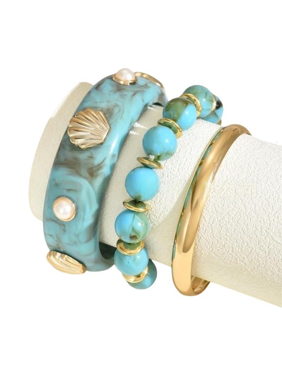 Textured Marine Theme Layered Bangle Set 3Pcs Resin Iron Blend Wrist Bracelets