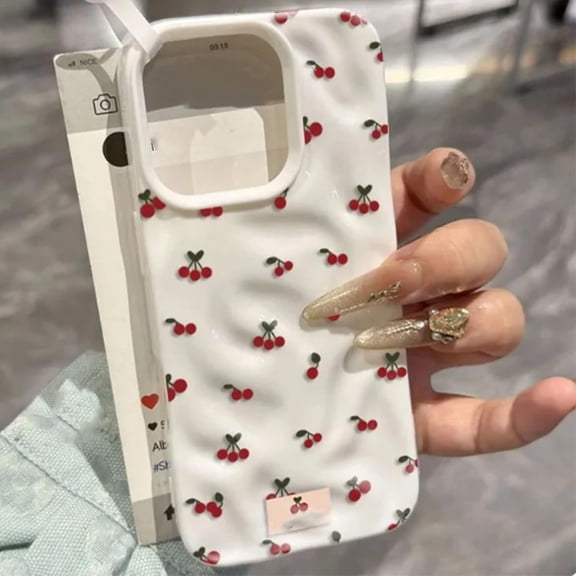Textured Meteorite Cherry Case, 3D Crinkle Meteorite Cherry Phone Case Compatible with iPhone 13-17 Pro Max, Slim Protective Stylish Girly Cover (for 17Air,White)