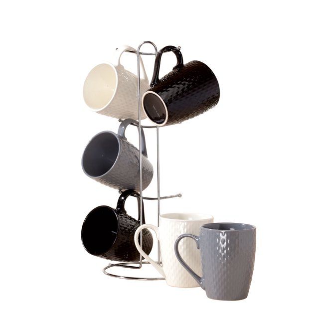 Textured Mug Set with Stand, 7 Pieces