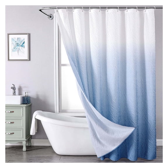 Textured Ombre Shower Curtain for Bathroom, 3D Embossed Ruffle Waterproof Shower Curtain, Fabric Farmhouse Style with 12 Hooks Set, 72x72 inch, Blue