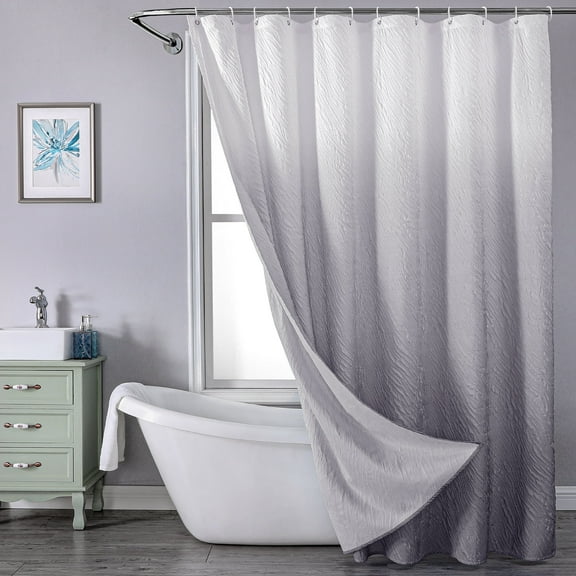 Textured Ombre Shower Curtain for Bathroom, 3D Embossed Ruffle Waterproof Shower Curtain, Fabric Farmhouse Style with 12 Hooks Set, 72x72 inch, Gray